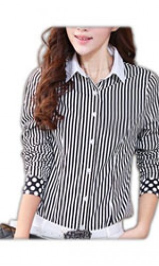 ST-WSL809 ：女裝直紋拼布OL款 襯衫專營 女裝長袖 黑白間恤衫 OL長袖恤衫款 