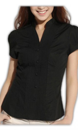 ST-WSF801 ：女裝 淨色性感修腰襯衫 女裝短袖  黑色摺褶恤衫 白領女性恤